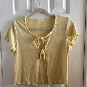 Yellow Ribbed Tie-Front Top
